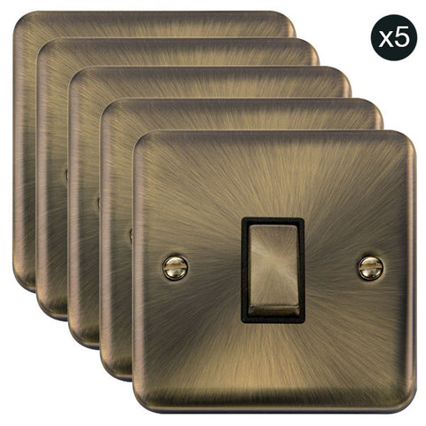 5 PACK - Curved Antique Brass 10AX Ingot 1 Gang 2 Way Light Switch - Black Trim