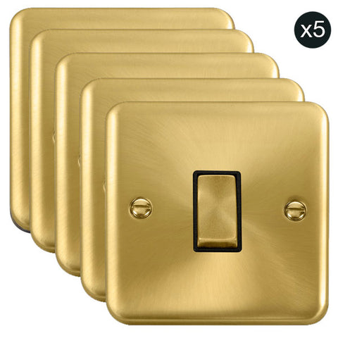 5 PACK - Curved Satin Brass 10AX Ingot 1 Gang 2 Way Light Switch - Black Trim