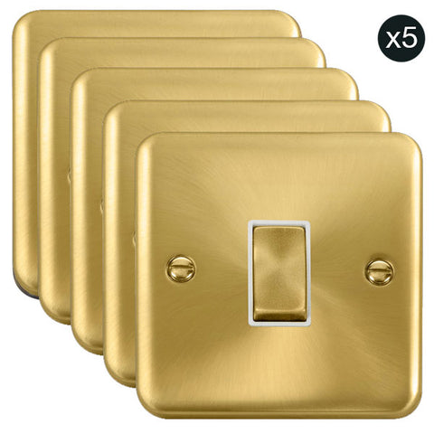 5 PACK - Curved Satin Brass 10AX Ingot 1 Gang 2 Way Light Switch - White Trim