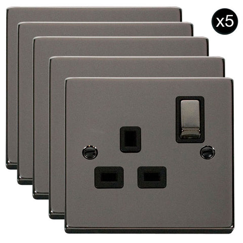 5 PACK - Black Nickel 1 Gang 13A DP Ingot Switched Plug Socket - Black Trim