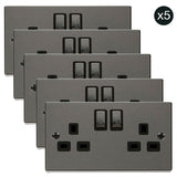 5 PACK - Black Nickel 2 Gang 13A DP Ingot Twin Double Switched Plug Socket - Black Trim