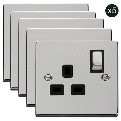 5 PACK - Polished Chrome 1 Gang 13A DP Ingot Switched Plug Socket - Black Trim