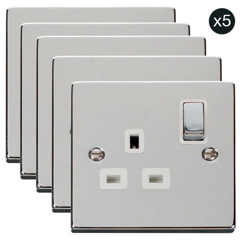 5 PACK - Polished Chrome 1 Gang 13A DP Ingot Switched Plug Socket - White Trim