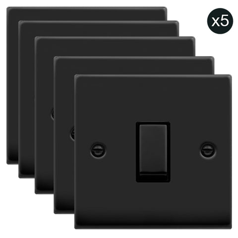 5 PACK - Matt Black 10A 1 Gang 2 Way Ingot Light Switch - Black Trim