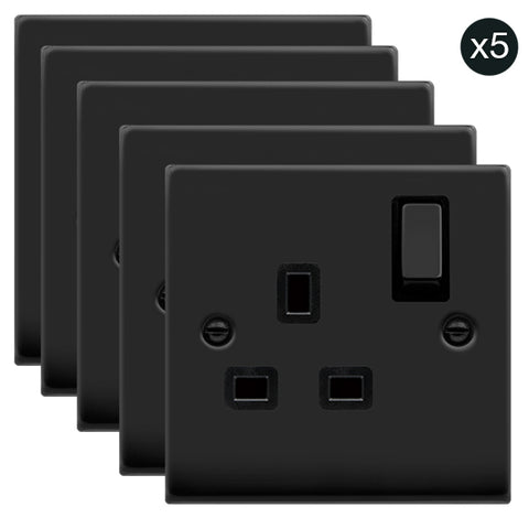 5 PACK - Matt Black 1 Gang 13A DP Ingot Switched Plug Socket - Black Trim