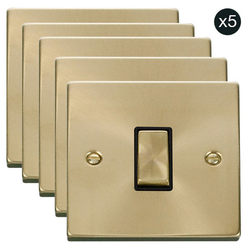 5 PACK - Satin Brass 10A 1 Gang 2 Way Ingot Light Switch - Black Trim