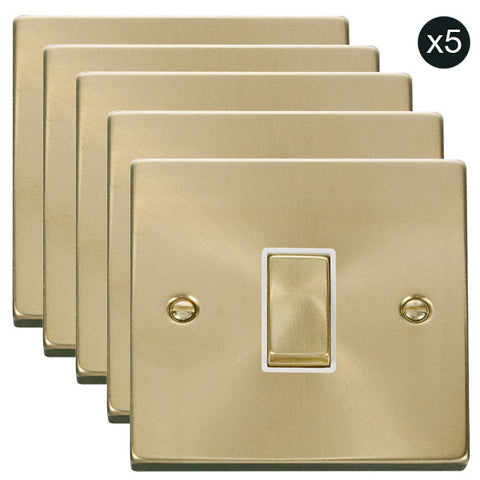 5 PACK - Satin Brass 10A 1 Gang 2 Way Ingot Light Switch - White Trim