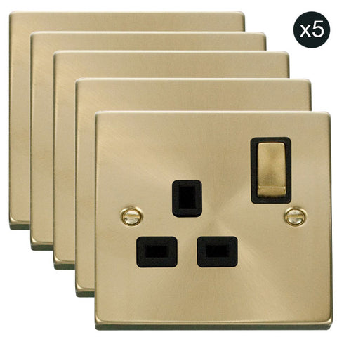 5 PACK - Satin Brass 1 Gang 13A DP Ingot Switched Plug Socket - Black Trim