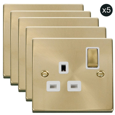 5 PACK - Satin Brass 1 Gang 13A DP Ingot Switched Plug Socket - White Trim