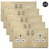 5 PACK - Satin Brass 2 Gang 13A DP Ingot Twin Double Switched Plug Socket - White Trim