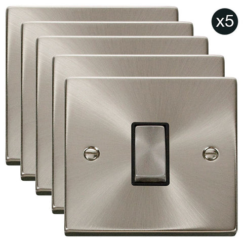 5 PACK - Satin Chrome 10A 1 Gang 2 Way Ingot Light Switch - Black Trim