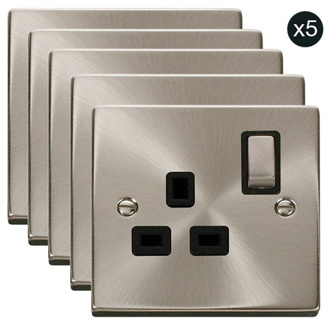 5 PACK - Satin Chrome 1 Gang 13A DP Ingot Switched Plug Socket - Black Trim