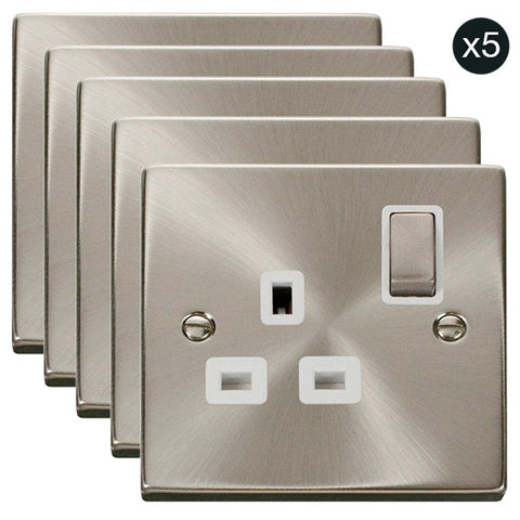 5 PACK - Satin Chrome 1 Gang 13A DP Ingot Switched Plug Socket - White Trim