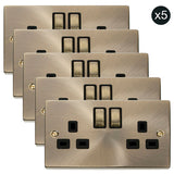 5 PACK - Antique Brass 2 Gang 13A DP Ingot Twin Double Switched Plug Socket - Black Trim