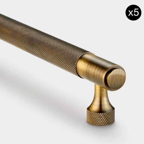 5 PACK - Knurled Brass Cupboard Bar Handle - Antique Brass - Hole Centre 128mm