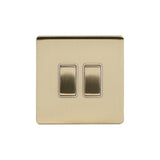 Screwless Brushed Brass - White Trim - Slim Plate Screwless Brushed Brass 2 Gang Retractive Light Switch